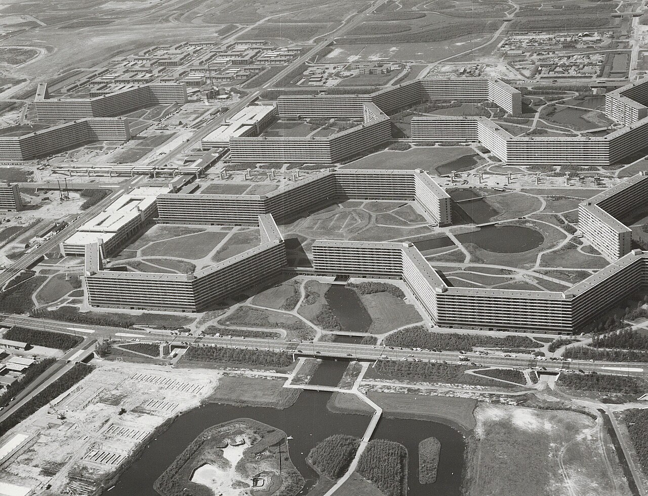 Aerial view of the Bijlmermeer's long honeycomb blocks and canals in 1973.