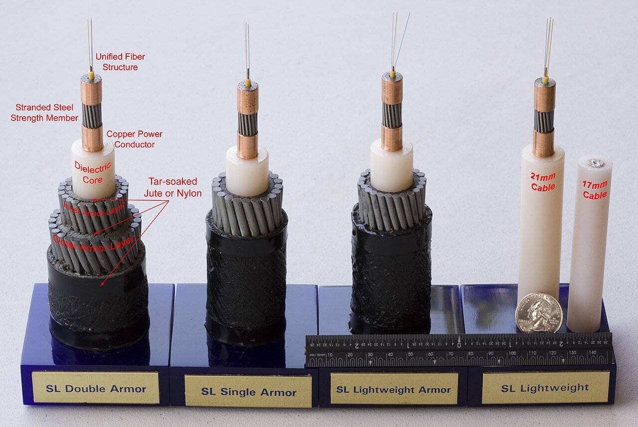 Cross sections of four undersea fibre optic cables, from heavily armoured to lightweight, beside a coin for scale.