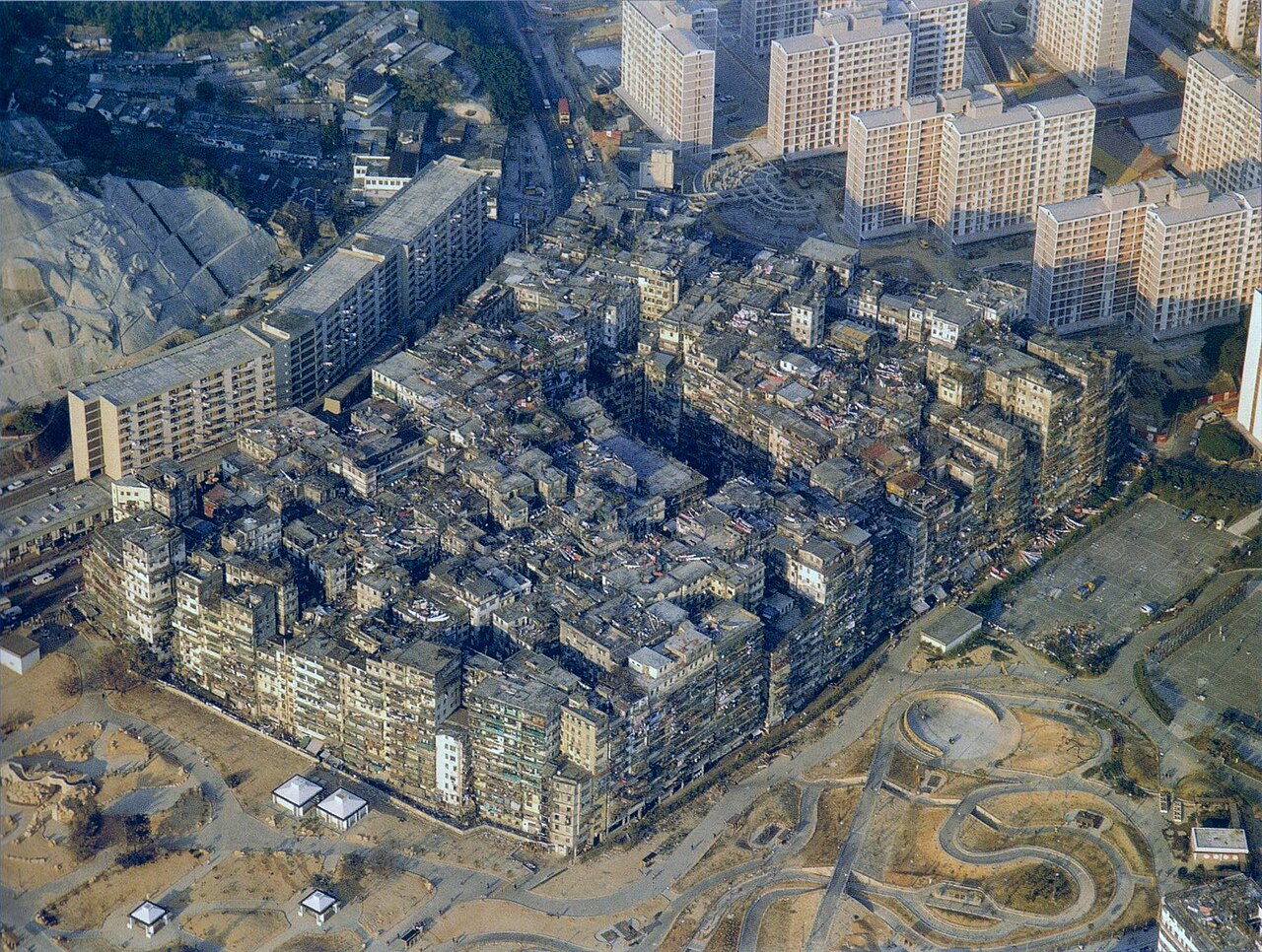 Aerial view of the dense block of Kowloon Walled City in 1989.
