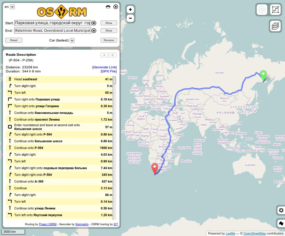Screenshot of the OSRM web demo showing a long route across a world map with turn-by-turn directions.