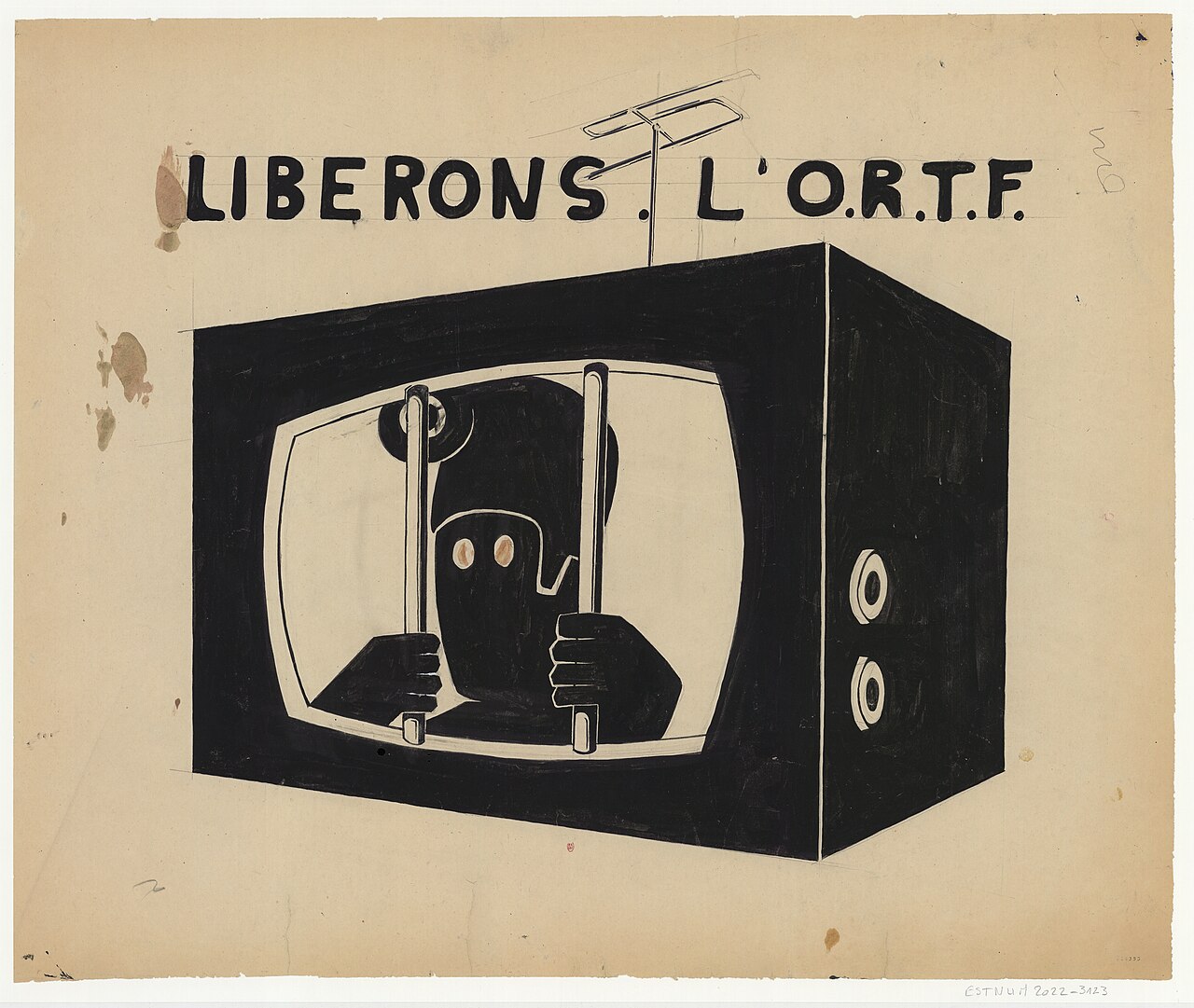 A May 1968 poster of a figure behind bars inside a television set, captioned 'Libérons l'O.R.T.F.'