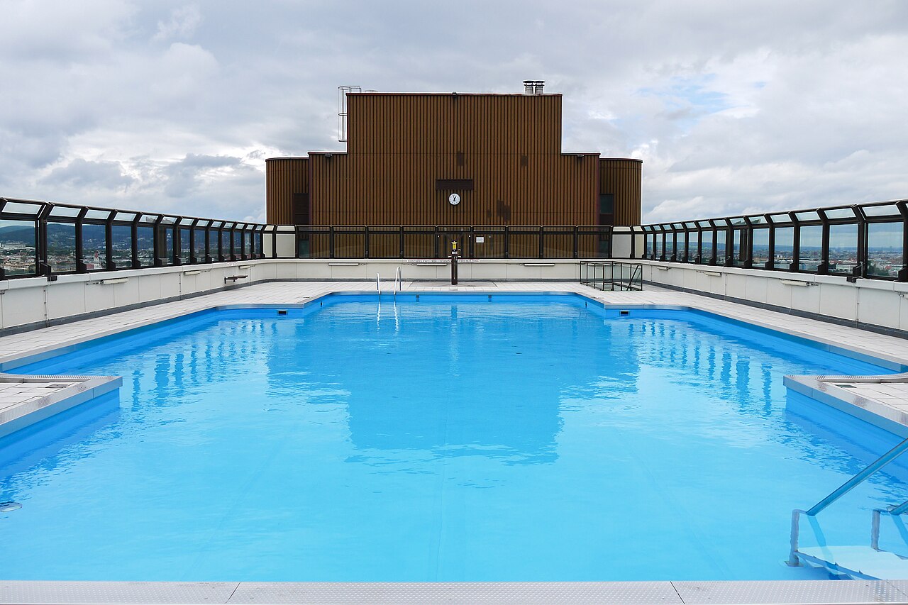The rooftop swimming pool of block A at Wohnpark Alterlaa, a 1970s subsidised housing estate in Vienna.