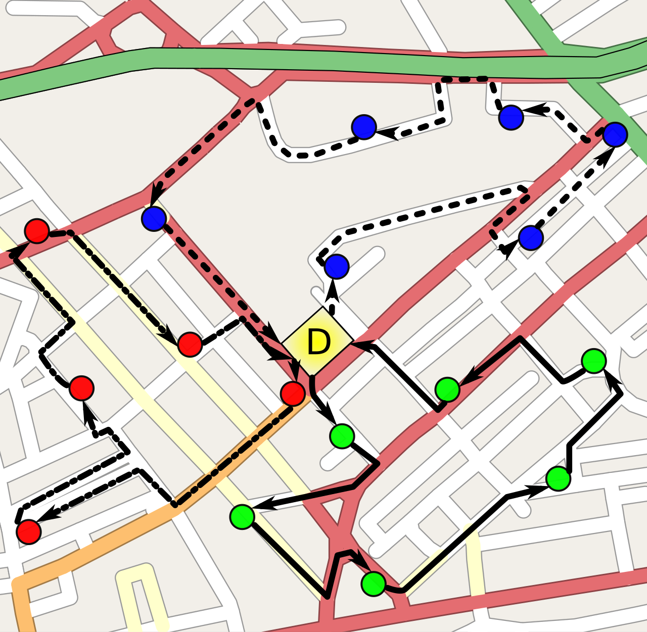 Three delivery routes drawn as dotted and solid lines from one depot over a street map.