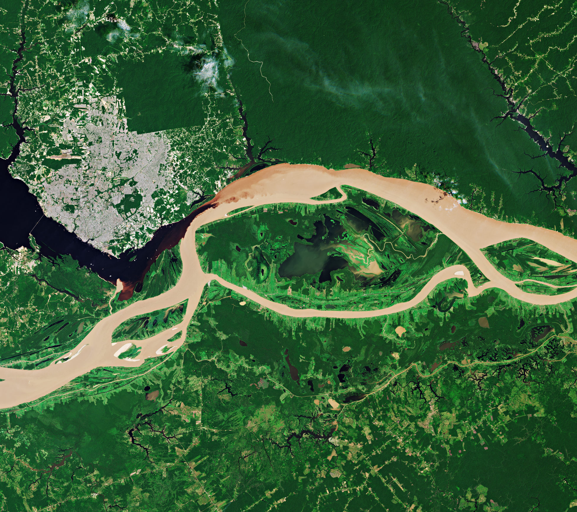 El río Negro se une al Amazonas en Manaos, visto desde el espacio
